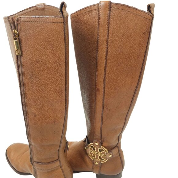 Tory Burch Amanda Tall Riding Boots READ Brown Leather Size 6.5 Side Zip Logo - Picture 5 of 15